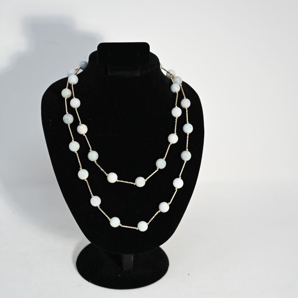 Natural Jade Beaded Necklace Gold Tone Stations Leaf Clasp 36 In New